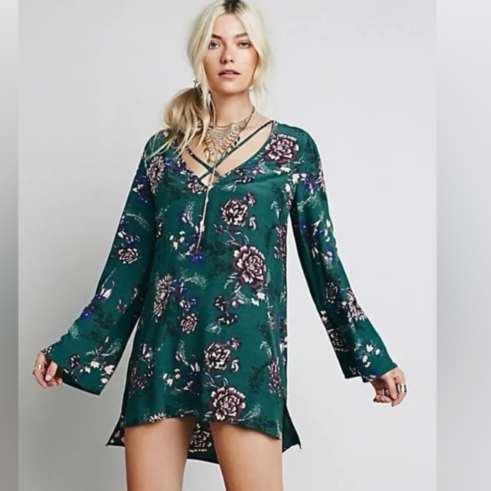 Free People Heartbeat Floral Mini Dress Tunic Long Sleeves Teal Size Small